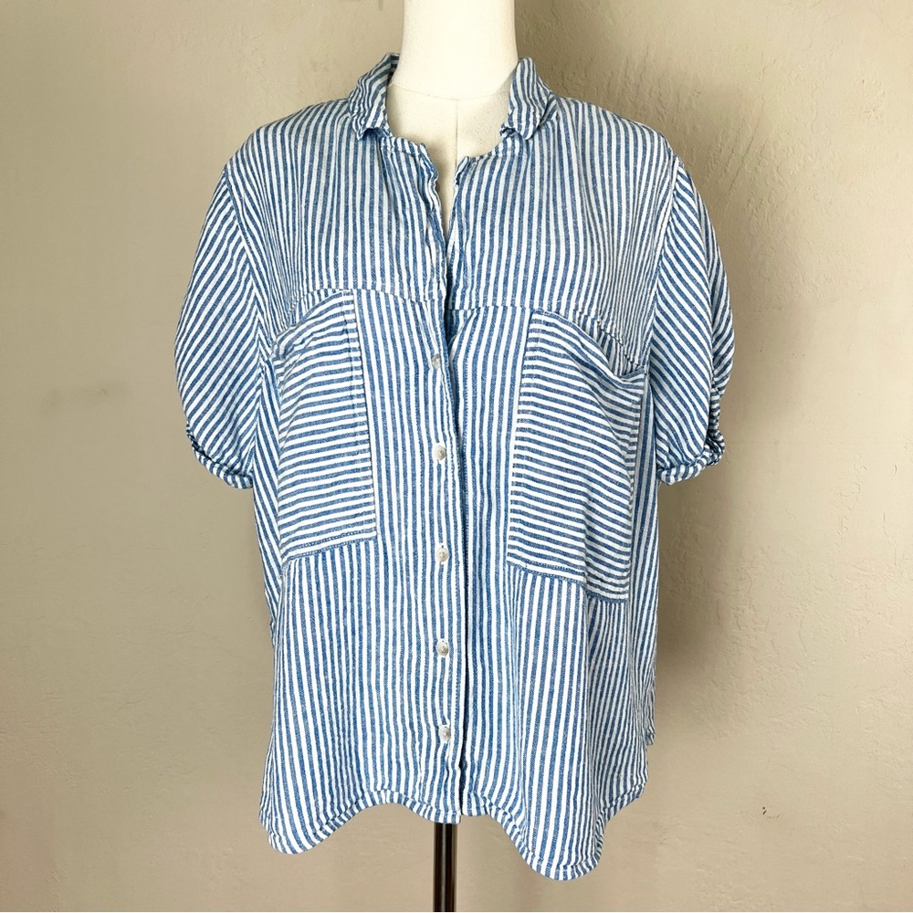 Universal Thread Blouse Blue Striped Button-Up Shirt Linen Blend‎ Beach Size XL